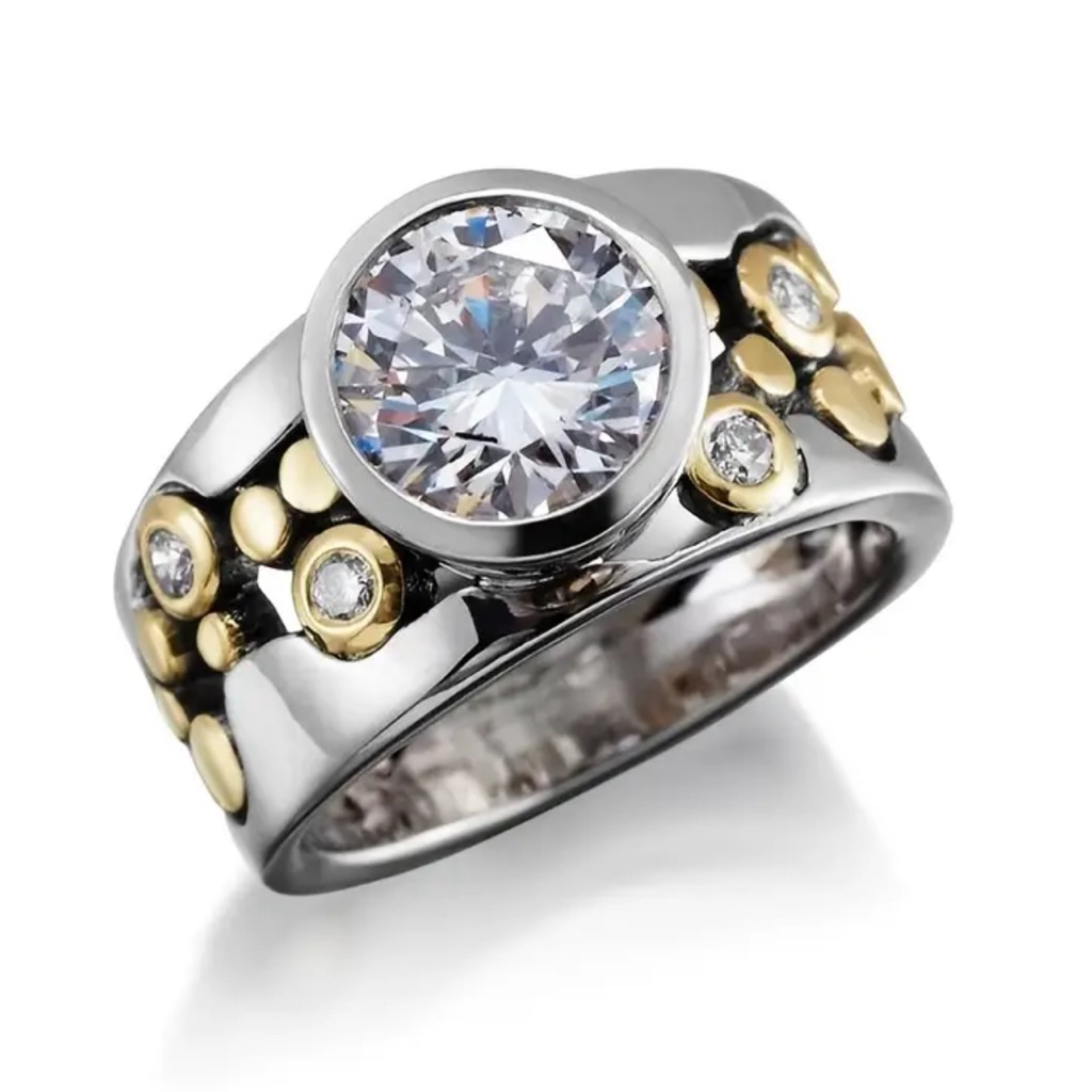 Luxurious Two-Tone Zirconia Statement Ring - 925 Silver Plated Size 7